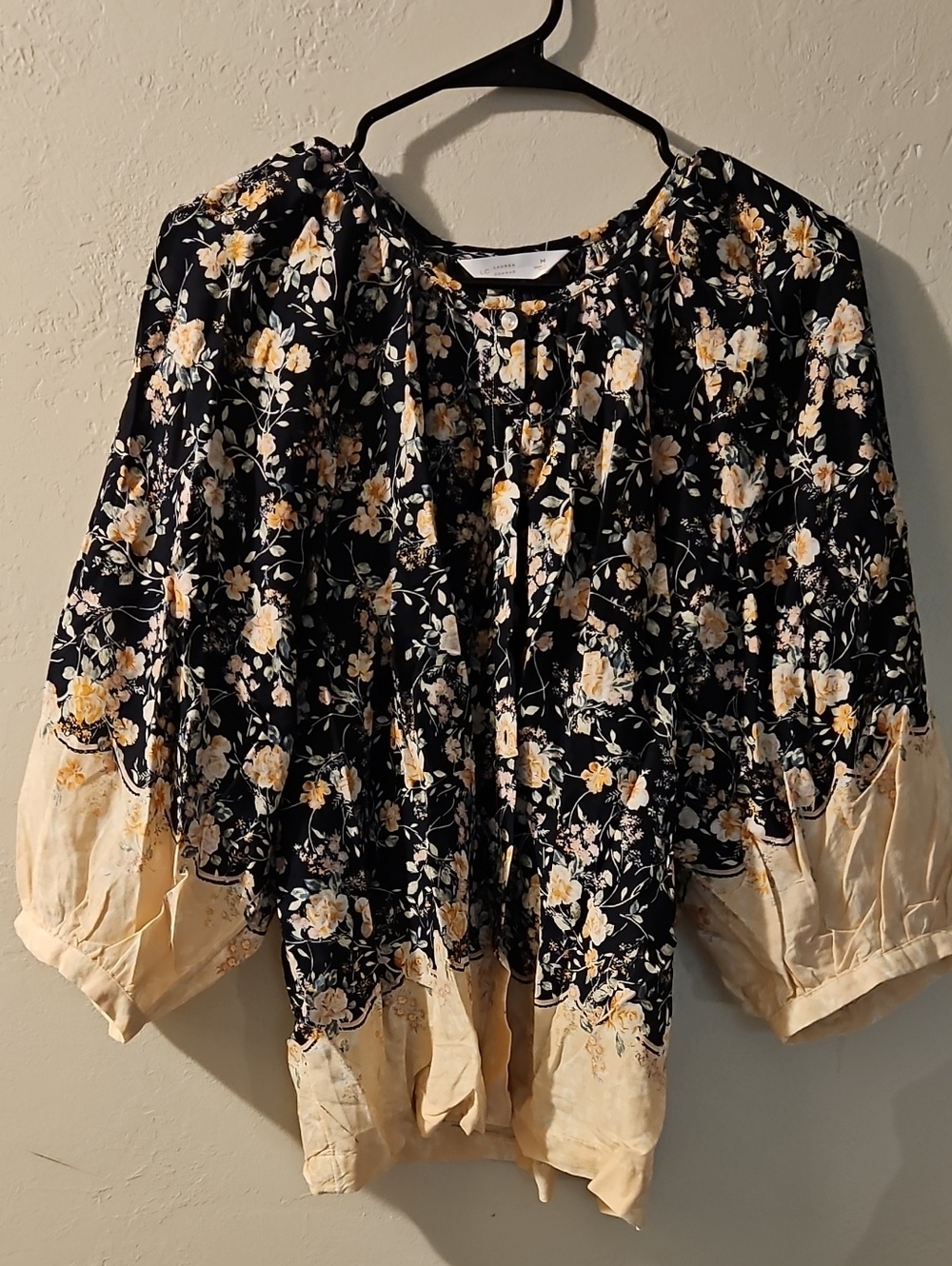 LC Lauren Conrad Black Floral Peasant Blouse with Cream Accents